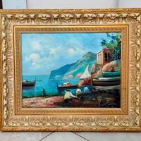 Quadro Marina con Pescatori antico, dipinto a mano