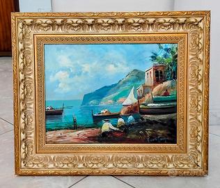 Quadro Marina con Pescatori antico, dipinto a mano