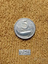 rara MONETA 5 LIRE 1951 delfino