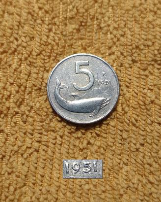 rara MONETA 5 LIRE 1951 delfino