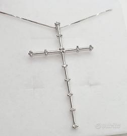 COD.914A.25 COLLANA + CROCE ORO BIANCO E BRILLANTI
