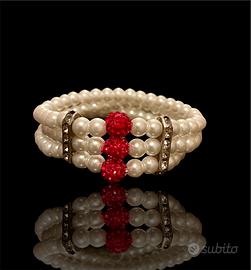 Bracciale 3Fili Perle, Punto Luce e Sferoidi Rossi