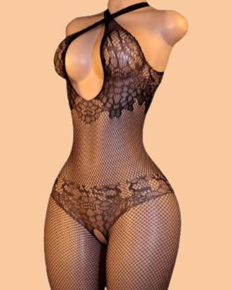 Body donna nero in rete con motivo floreale