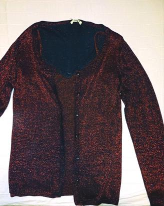 Cardigan e canottiera rosso e glitter