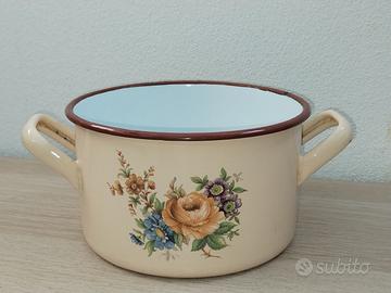 Pentola Beige decoro Fiori Smaltata Arredo Colore