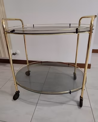 Carrello vintage in ottone dorato e vetro