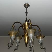 Lampadario In Ottone con foglie oro vetro murano