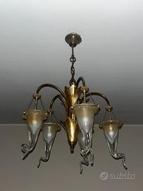 Lampadario In Ottone con foglie oro vetro murano