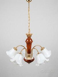 Lampadario Vintage 5 Luci Legno, Ottone e Vetro 