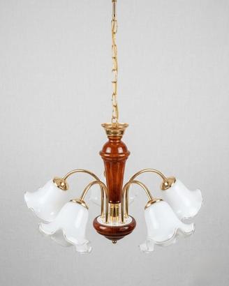 Lampadario Vintage 5 Luci Legno, Ottone e Vetro 