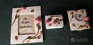 Cornice, orologio e scatoletta in impasto argilla