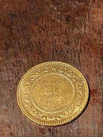 Moneta Oro 20 Francs 1891 Tunisia Marengo Tunisino