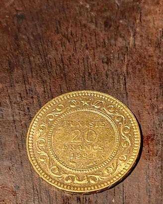 Moneta Oro 20 Francs 1891 Tunisia Marengo Tunisino