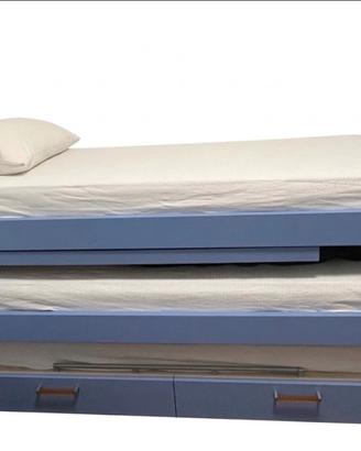 Letto triplo salvaspazio azzurro con cassetti