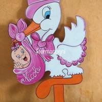 Cicogna fiocco annuncio nascita in legno