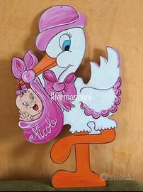 Cicogna fiocco annuncio nascita in legno