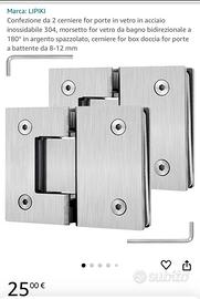 Due cerniere in acciaio per porte a vetro bagno