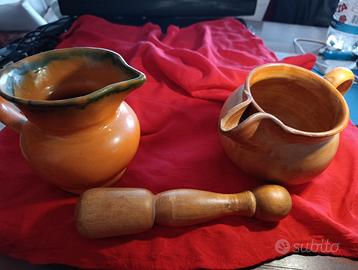 2 Brocche Terracotta Vintage + Pestello Legno - 