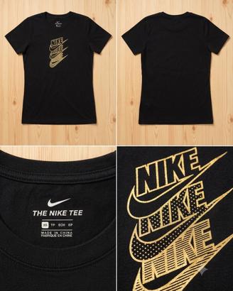 Nike t-shirt donna nera con logo oro