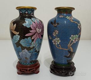 Coppia Vasi Cinesi Cloisonné Vintage Floreale