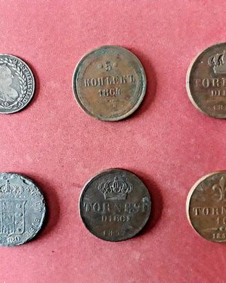 6 Monete antiche (1754-1859) + omaggio 81 old-Lire