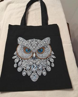 Borsa in stoffa nera con gufo Diamond Painting 