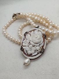 collana perle acqua dolce e cammeo 