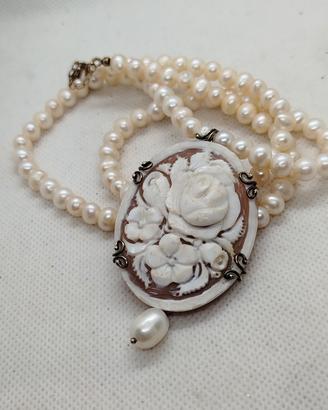 collana perle acqua dolce e cammeo 
