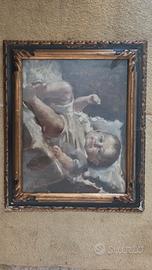 Dipinto antico ritratto neonato con cornice