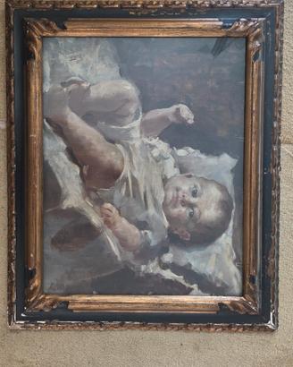 Dipinto antico ritratto neonato con cornice