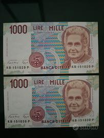 2 banconote da 1000 lire, consecutive in serie