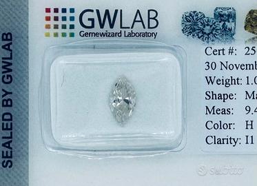 Diamante 1 ct. taglio Marquise H I1 cert. GWlab
