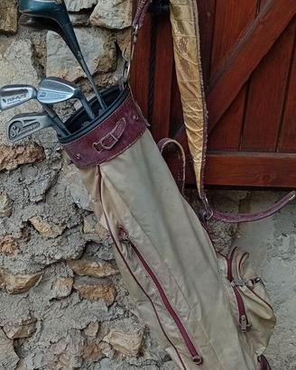 Sacca da golf in pelle, legno e tessuto anni 60/70