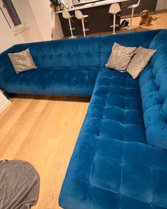 Divano angolare di velluto blu 280 x210