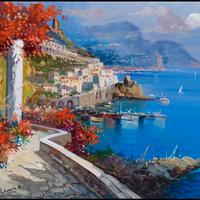 DIPINTO OLIO SU TELA PASSEGGIATA PER AMALFI 40X50