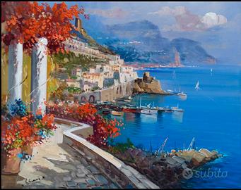 DIPINTO OLIO SU TELA PASSEGGIATA PER AMALFI 40X50