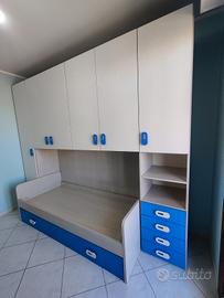 Cameretta ponte completa armadio letto bianco blu