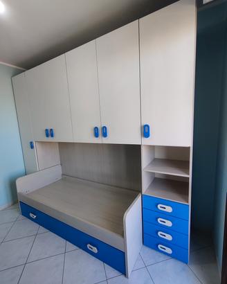 Cameretta ponte completa armadio letto bianco blu