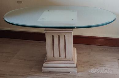 Tavolino legno e ripiano cristallo ovale 87x55 cm