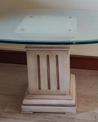 Tavolino legno e ripiano cristallo ovale 87x55 cm