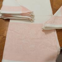 Tovaglia di lino per 12 coperti rosa e bianca 