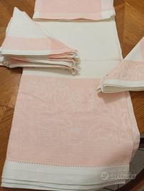 Tovaglia di lino per 12 coperti rosa e bianca 