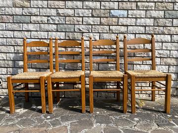 4 sedie legno massello con seduta in paglia