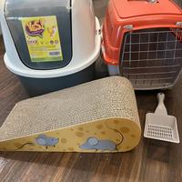 Set gatto lettiera trasportino paletta tiragraffi