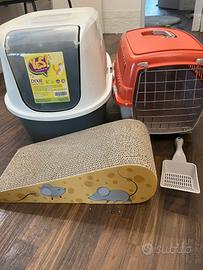 Set gatto lettiera trasportino paletta tiragraffi