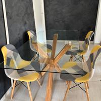 Tavolo vetro/rovere + 4 sedie patchwork