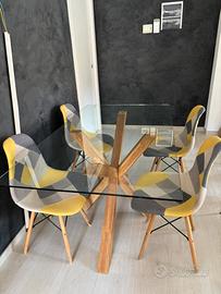 Tavolo vetro/rovere + 4 sedie patchwork