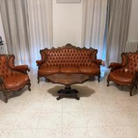 Salotto vintage in pelle e legno intagliato 4 pz