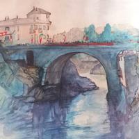 Acquerello. Carnevale di Ivrea sul ponte vecchio