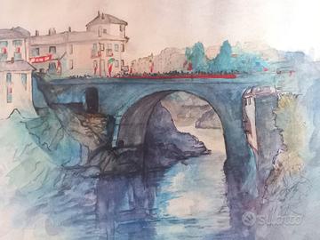 Acquerello. Carnevale di Ivrea sul ponte vecchio